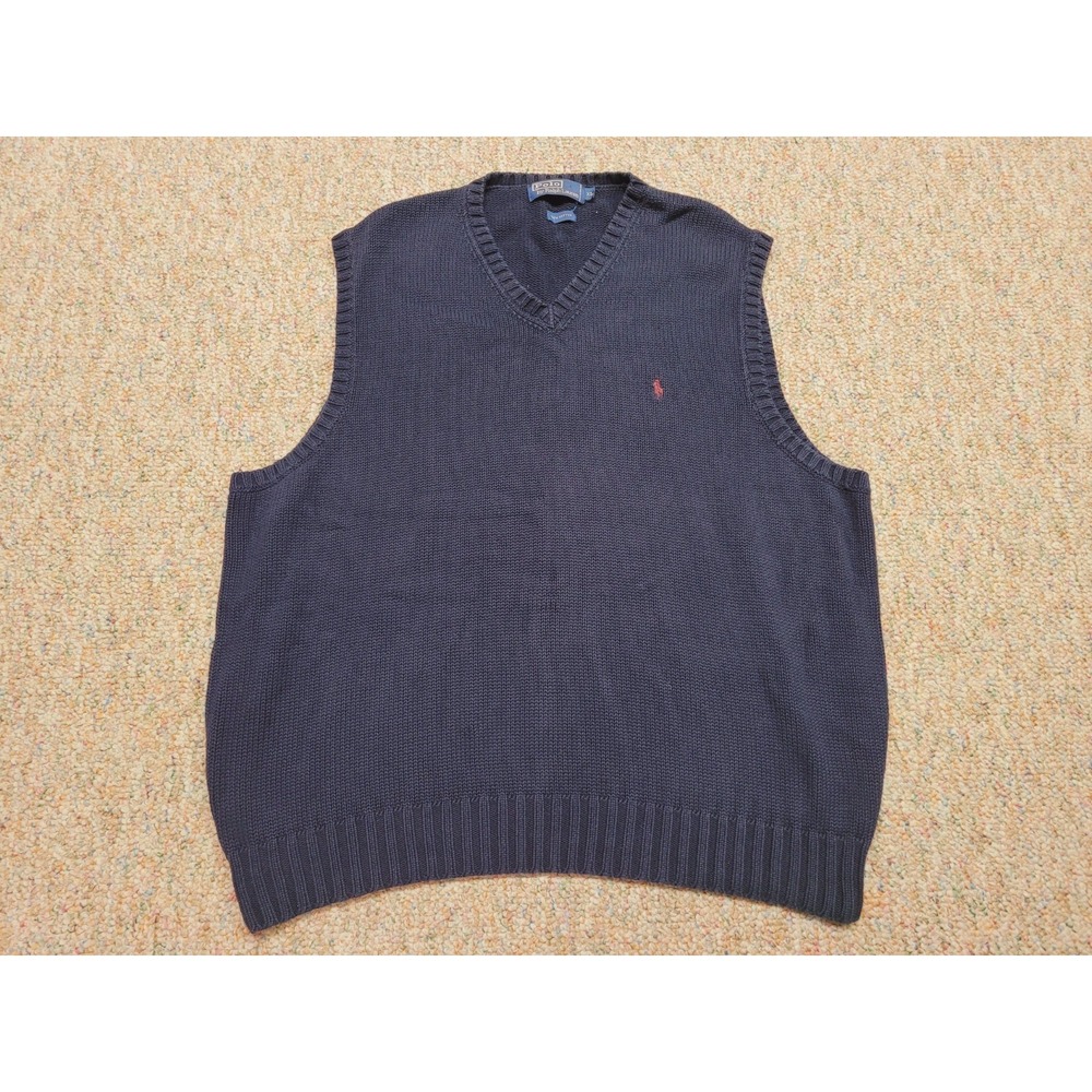 Polo Ralph Lauren Sweater Vest Mens XL Navy Blue Cotton V Neck Knit Preppy